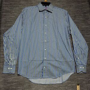 Lorenzo Uomo Button Up Dress Shirt Men's 16 Blue Striped Trim Fit Long Sleeve